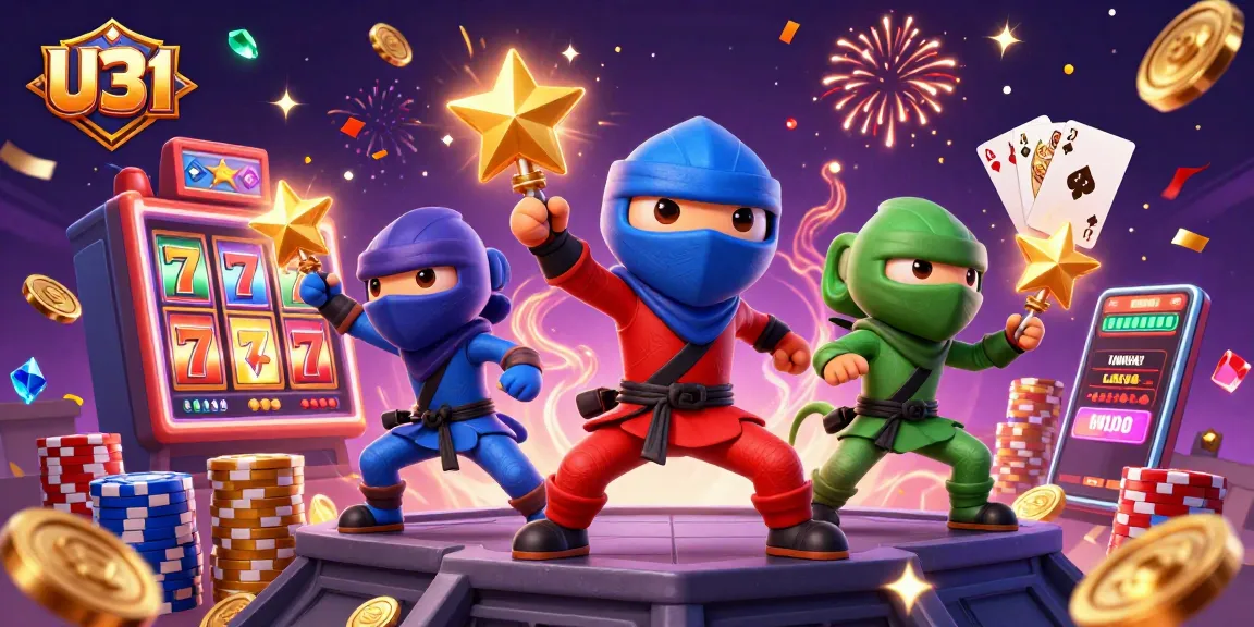 Engage in thrilling gaming with U31 as vibrant characters showcase their skills amidst golden coins and jackpots.
