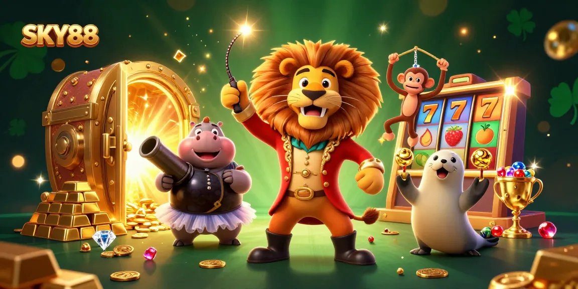 Experience the excitement of SKY88 casino with a vibrant 3D illustration of animated characters and rich gaming symbols.