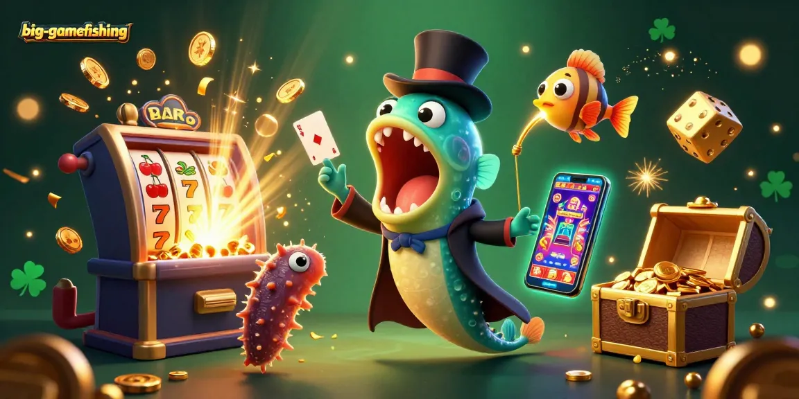 big-gamefishing characters engage in thrilling casino magic act amidst dazzling jackpots.