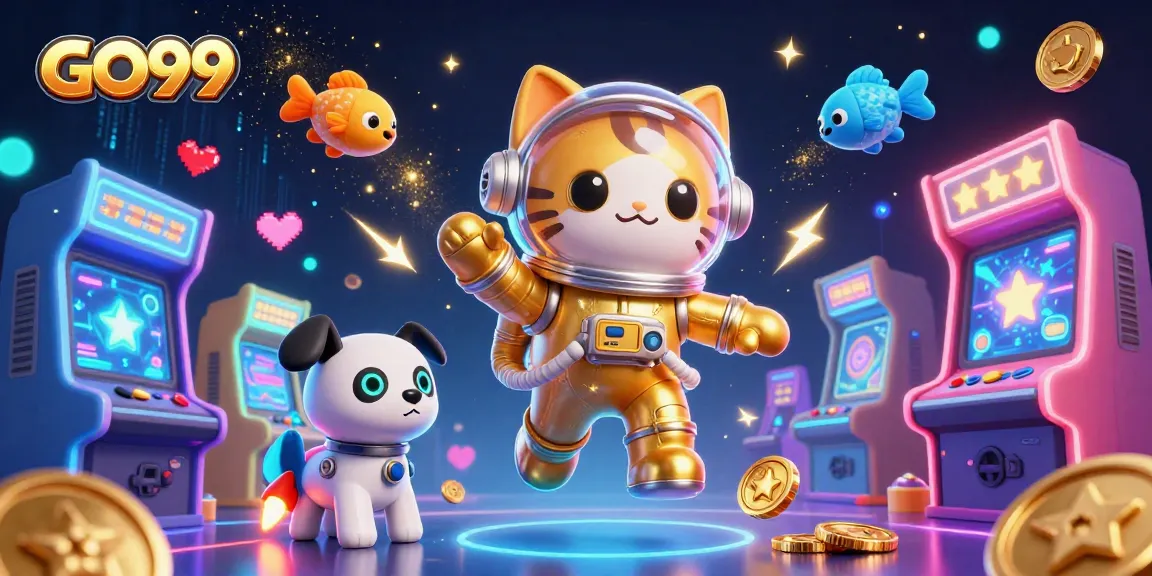 Engage with GO99's vibrant cosmic casino adventure featuring an astronaut cat and robot dog.