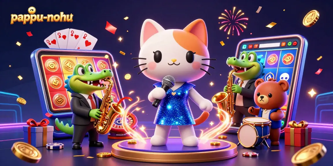 Pappu-nohu features a vibrant casino stage with a jazz-singer cat, a saxophone crocodile, and a bear cub, showcasing an engaging gaming experience.