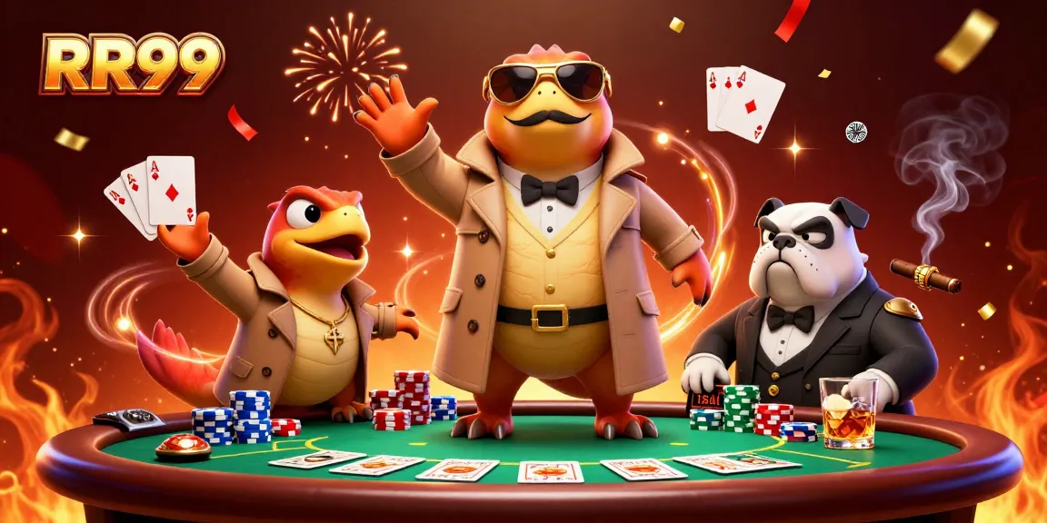 Three raptors in a trench coat enter the RR99 VIP lounge, surrounded by colorful poker elements.