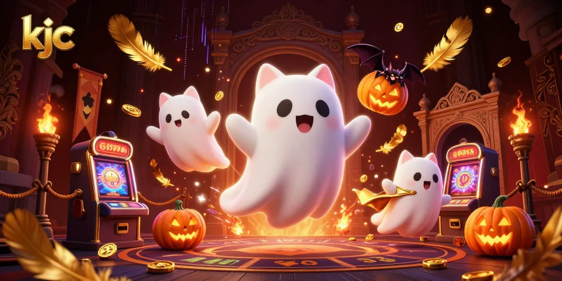 KJC's vibrant casino scene showcases a ghost cat, bat companion, and glowing pumpkins, blending excitement and gaming.
