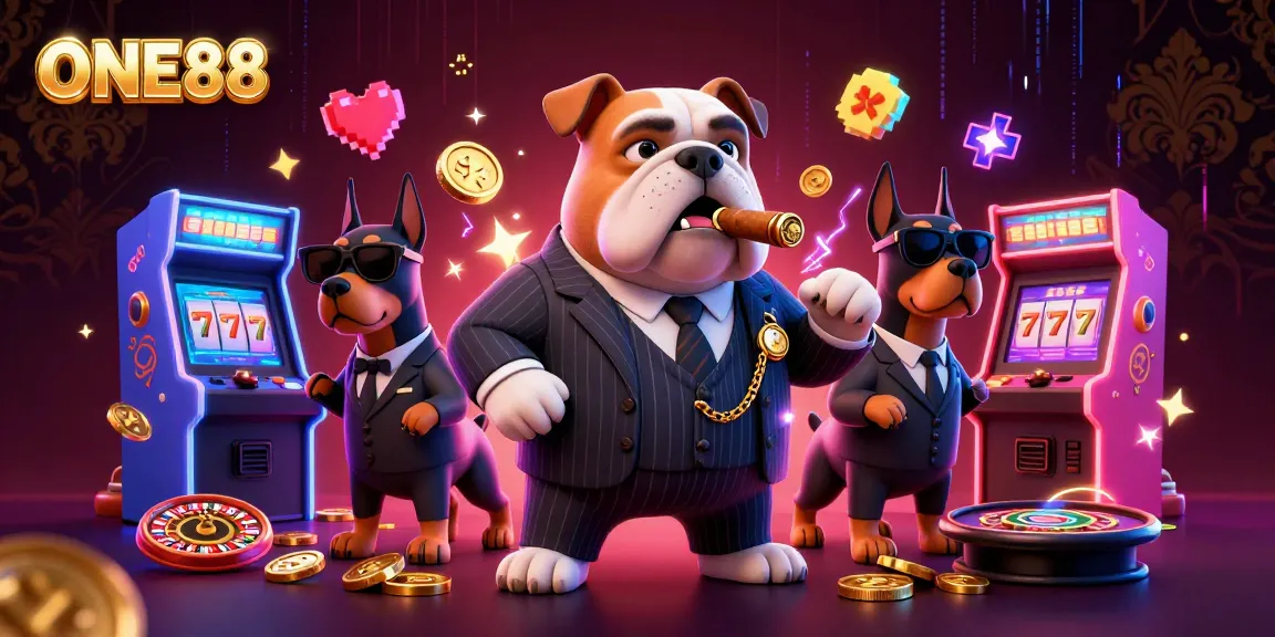 ONE88 mafia boss bulldog and Doberman guards amidst vibrant 3D casino games and elements, showcasing gambling excitement.