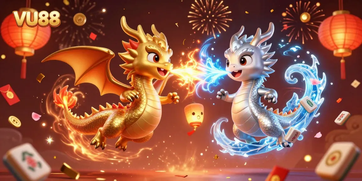Experience excitement at VU88 with twin dragons in a dynamic 3D gambling scene.