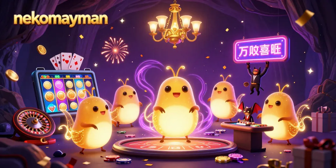 Play and win in nekomayman with vibrant slot games and a glowing casino atmosphere.