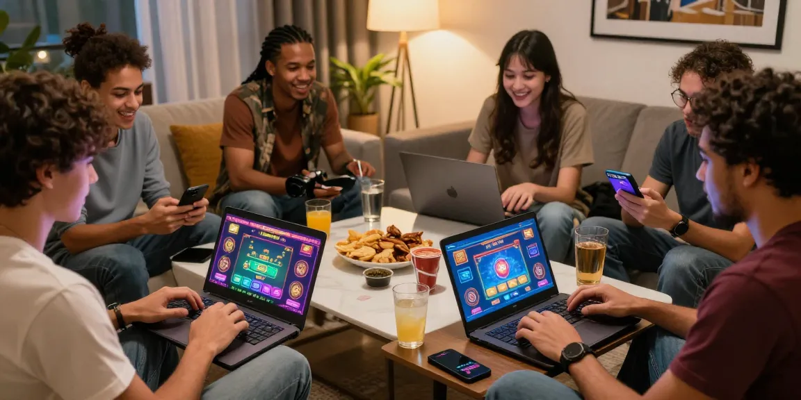 Enthusiastic friends enjoying online gaming with 78win in a lively living room.