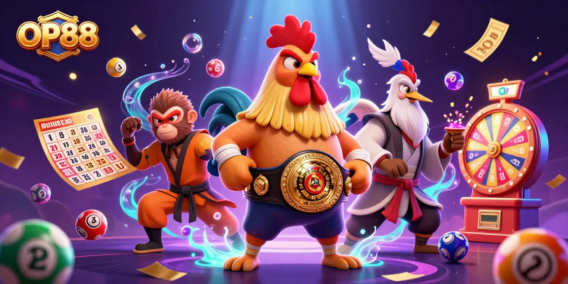 Experience thrilling gaming at OP88, featuring a dynamic illustration with characters and vibrant lottery elements.