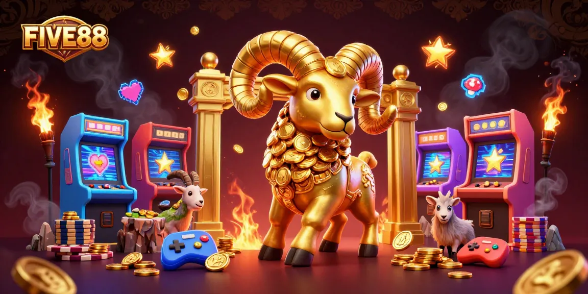 Witness the FIVE88 golden ram charging through coins and arcade games in a vibrant casino scene.
