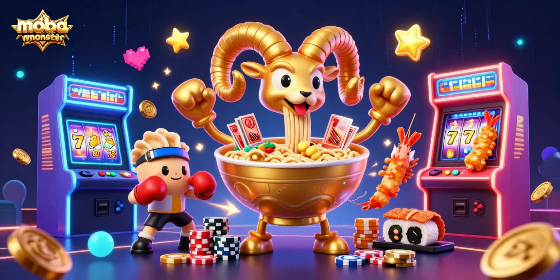 Engage in slot games at mobamonster with vibrant visuals, golden ramen bowl, and neon energy