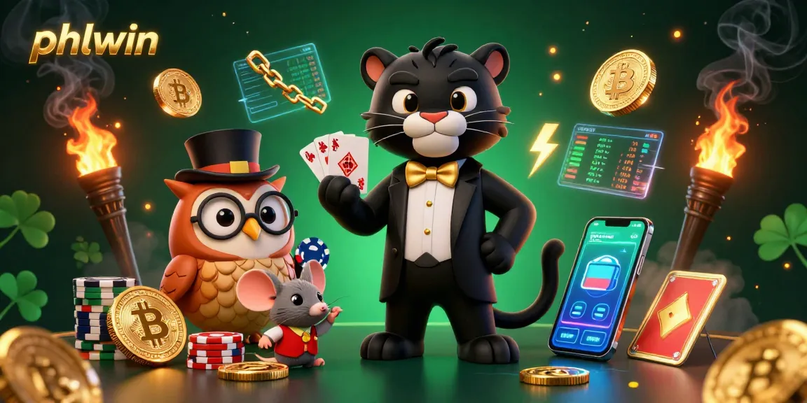 Engage with phlwin's vibrant casino experience featuring a tuxedoed panther, owl, and lucky mouse.