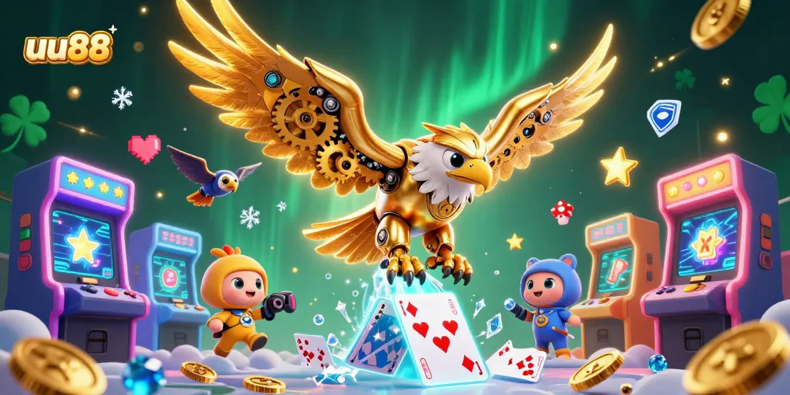 Engage with thrilling games at uu88, where a cybernetic golden eagle soars amidst holographic cards.