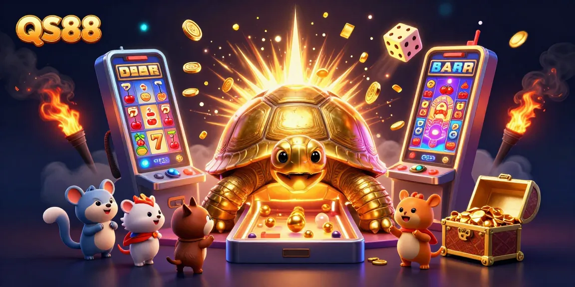 Experience the excitement of QS88's colossal golden tortoise casino game erupting with jackpots.