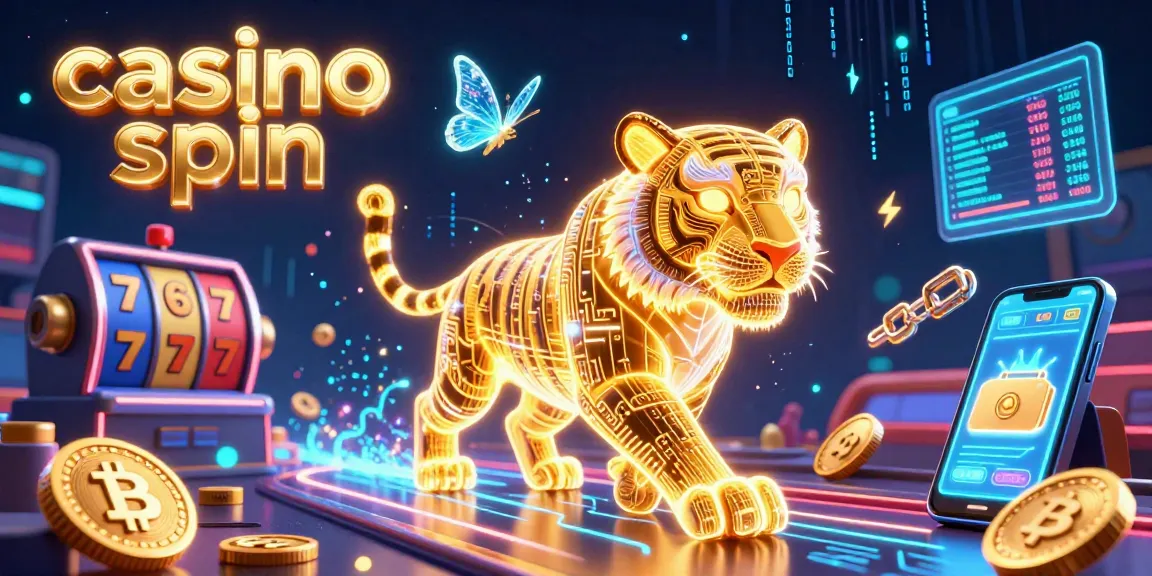 Experience the excitement of casino spin with a vibrant illustration featuring a golden tiger alongside crypto coins.