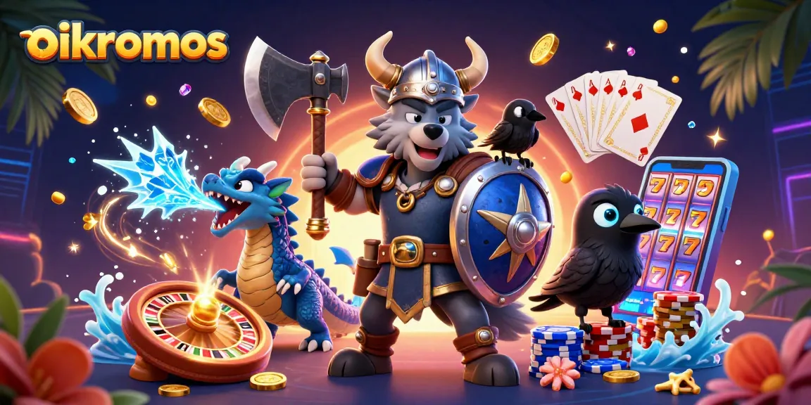 Oikonomos features a Viking wolf warrior with a dragon and casino elements in a vibrant scene.