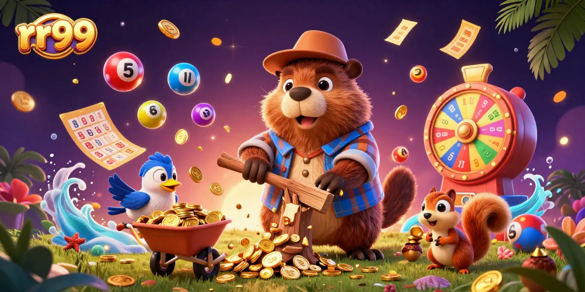 Experience rr99’s gaming excitement with a lively scene of a beaver collecting coins amidst colorful lottery elements.