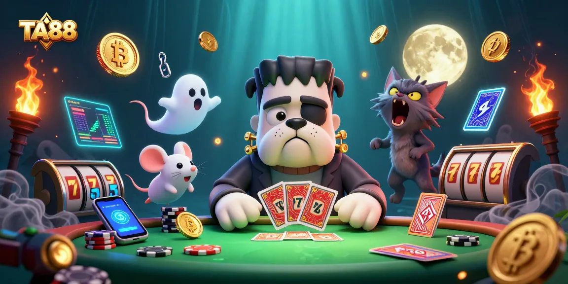 TA88 themed 3D illustration of a bulldog monster dealing cards at a casino table, depicting excitement.
