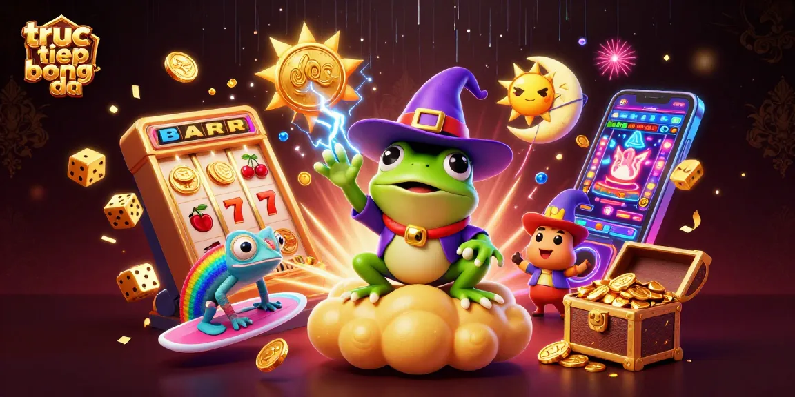 Experience truc tiep bong da with lively 3D frog and colorful characters among casino elements.