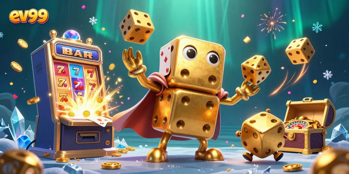Experience excitement with ev99's vibrant casino illustration showcasing golden dice and slot machines.