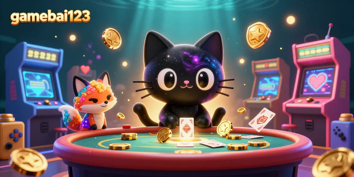 Experience gamebai123 at a cosmic casino with a black hole cat and colorful visuals.