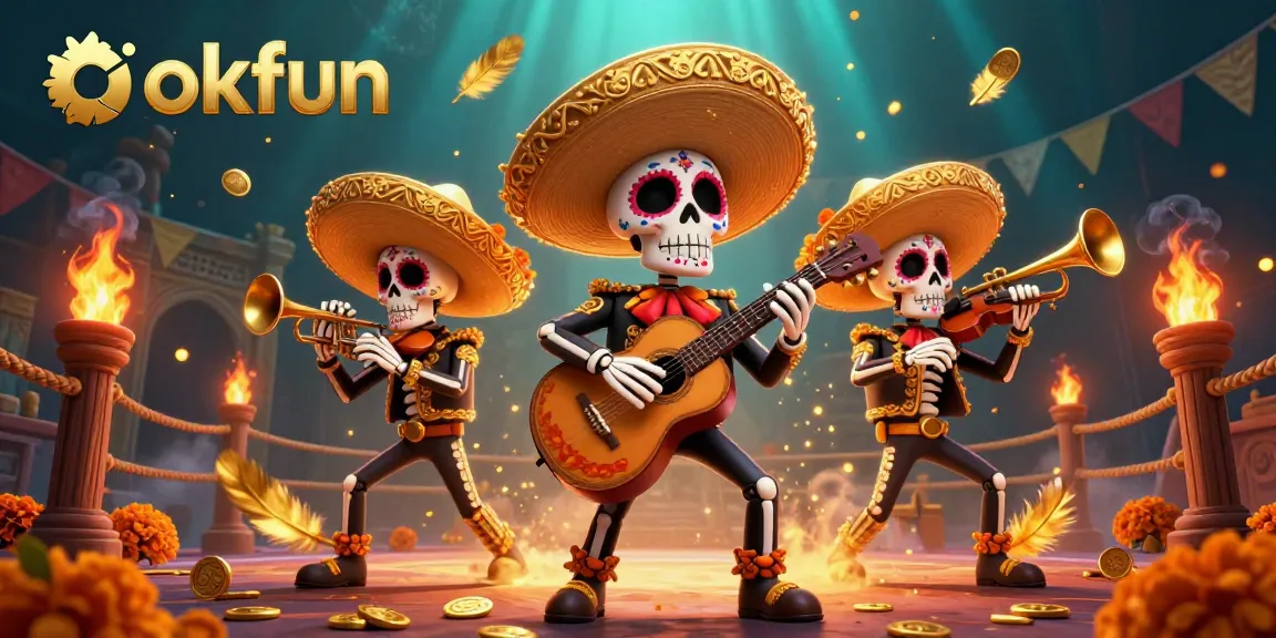 Enhance your winnings at okfun with a vibrant casino scene featuring mariachi skeletons playing lively music.