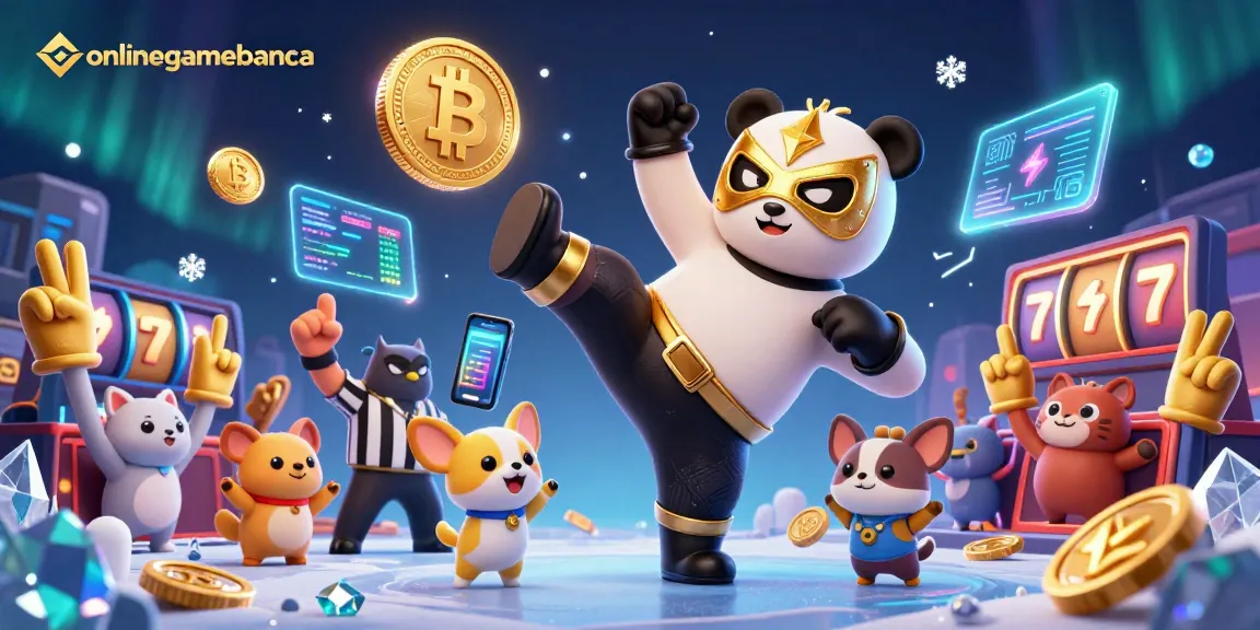 Experience thrilling moments at onlinegamebanca with our panda wrestler and crypto-themed illustration.