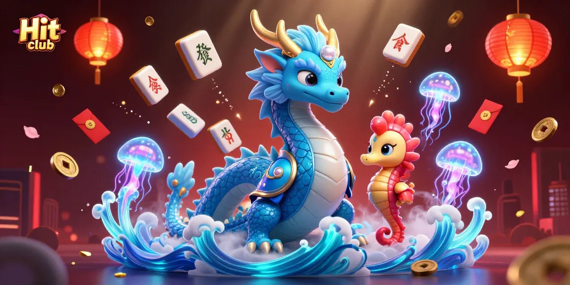 Experience thrilling gameplay at Hit club with an exciting 3D illustration of a water dragon and vibrant casino elements.