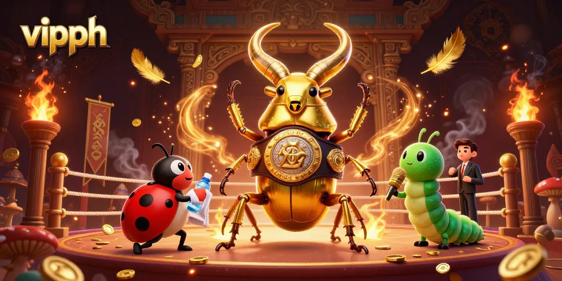 Experience thrilling gameplay at vipph with a dynamic 3D casino battle scene featuring a champion beetle.