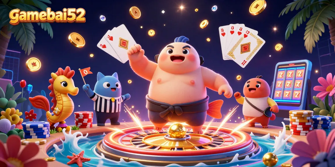 gamebai52 animates a thrilling underwater casino scene with a whimsical fugu, catfish referee, and vibrant gameplay elements.