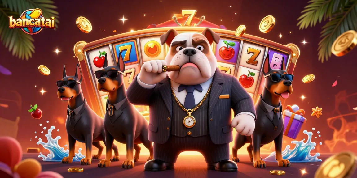 bancatai casino scene featuring a mafia bulldog and slot machines, capturing high-stakes action.
