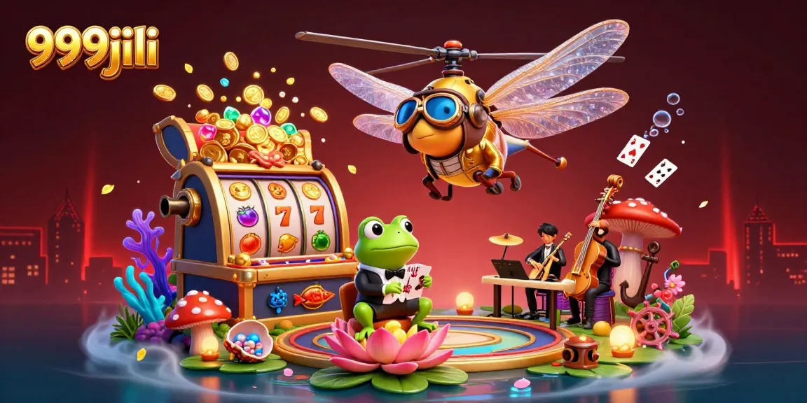 Engage with 999jili's vibrant casino scene featuring a dragonfly pilot, frog croupier, and jazz musicians.