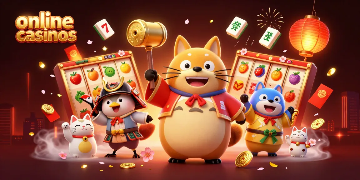 Experience vibrant online casinos with a cheerful tanuki, crane, and waving fortune cats in a festive scene.