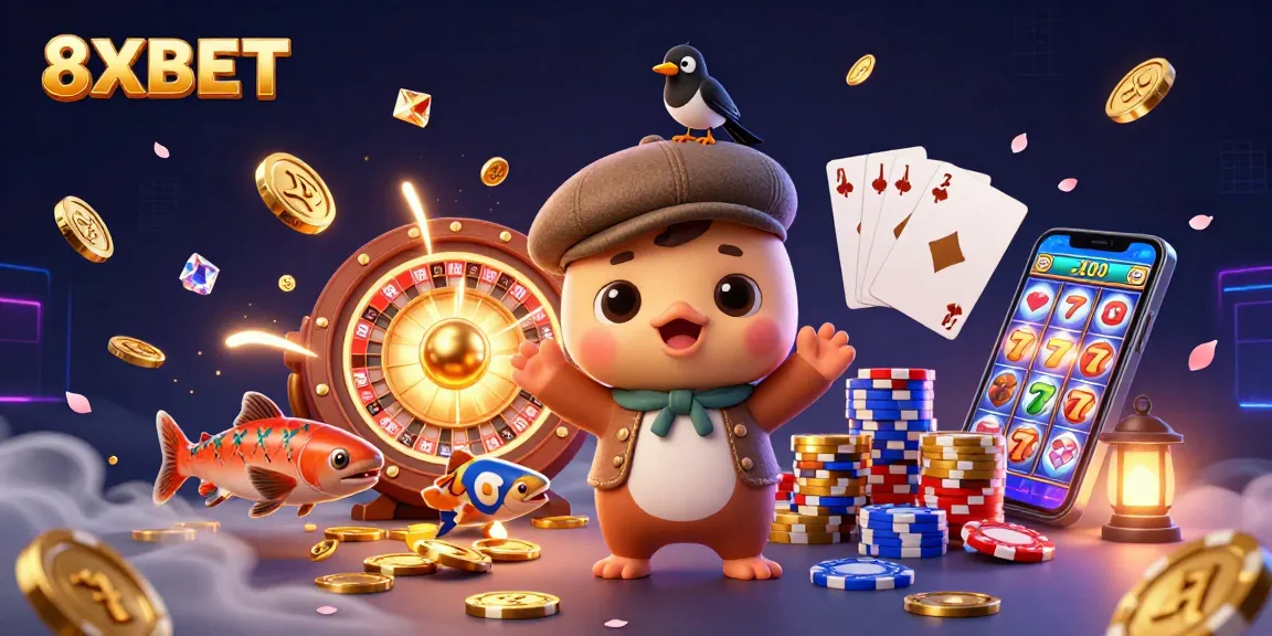 Experience exciting gameplay with 8XBET's vivid casino illustrations featuring vibrant characters and game elements.