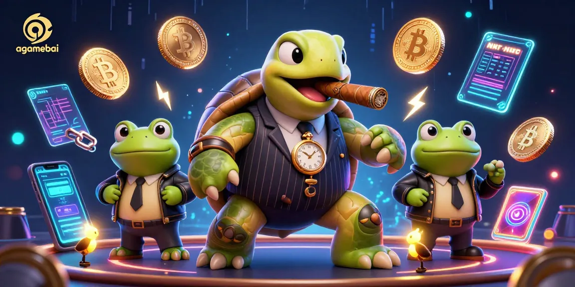 Join the thrilling action at agamebai with vivid casino characters enjoying lively games amidst glowing crypto elements.