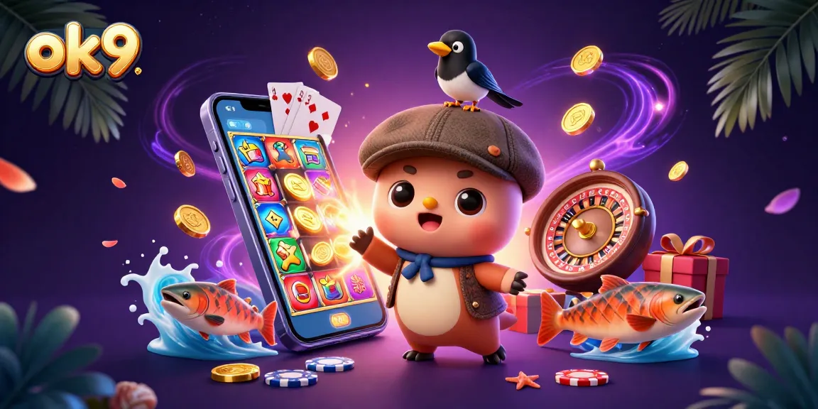 Spin vibrant slot reels with ok9 while playing alongside cartoon characters in a dynamic casino scene.