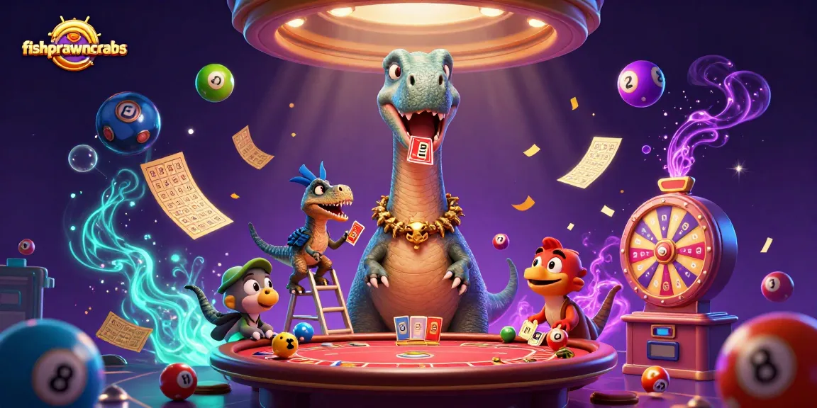 Spin the winnings in fishprawncrabs with vibrant lottery elements and cartoon dinosaurs.