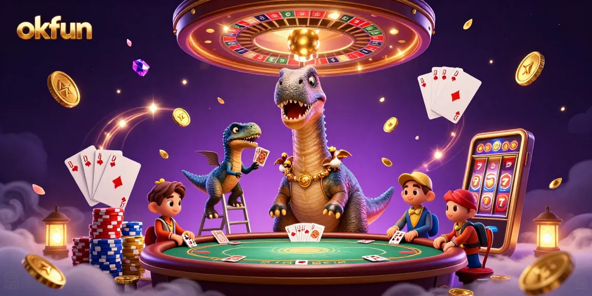 okfun's vibrant casino scene featuring a tall brontosaurus and clever raptor dealing cards, showcasing dynamic gambling elements.