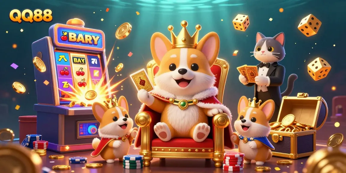 Engage in thrilling wagers with QQ88's vibrant casino scene featuring regal corgi royalty and jackpot excitement.