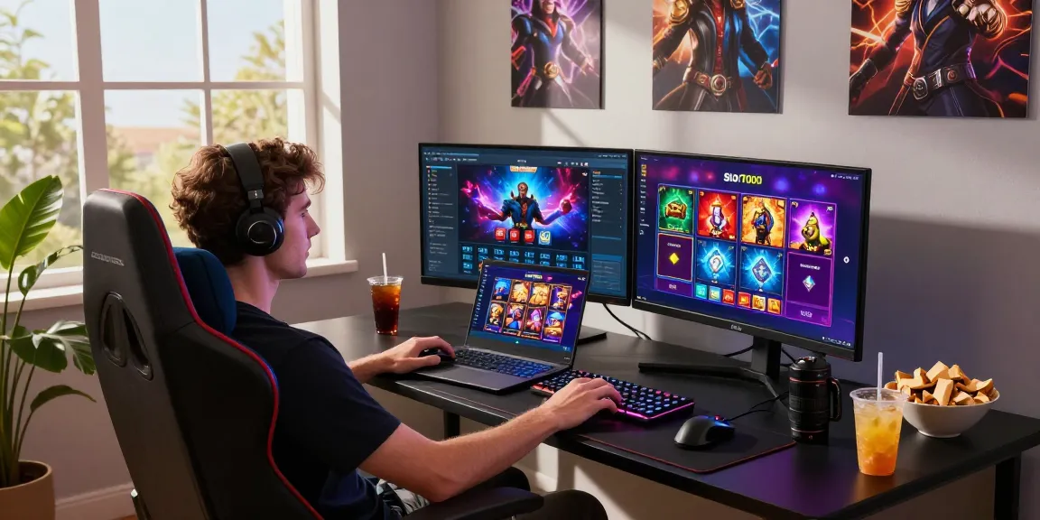 Engaged user exploring the slot7000 online gaming platform on dual monitors in a vibrant gaming setup.