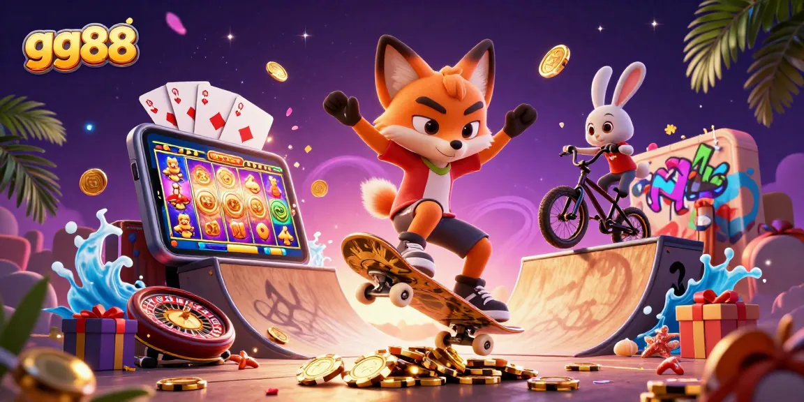 gg88 captures excitement with a skateboarder fox and BMX-riding rabbit in a vibrant casino scene.