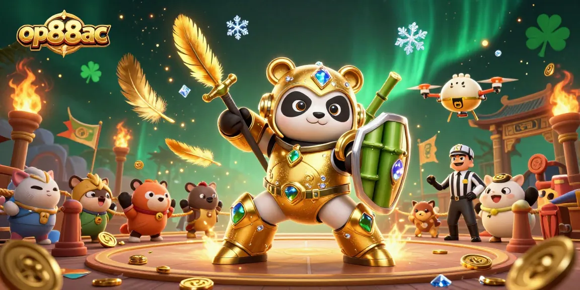 Engage in thrilling action with op88ac in a dynamic game featuring a golden panda robot amidst cheering crowds and exciting symbols.