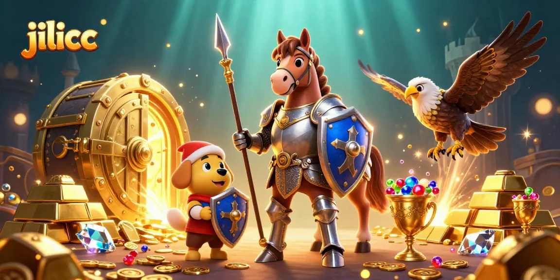 Engage in thrilling gameplay with jilicc, featuring vibrant knight and puppy in a treasure-filled scene.