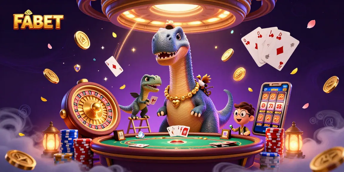 Experience FABET's gaming thrill with towering characters and vibrant casino elements.