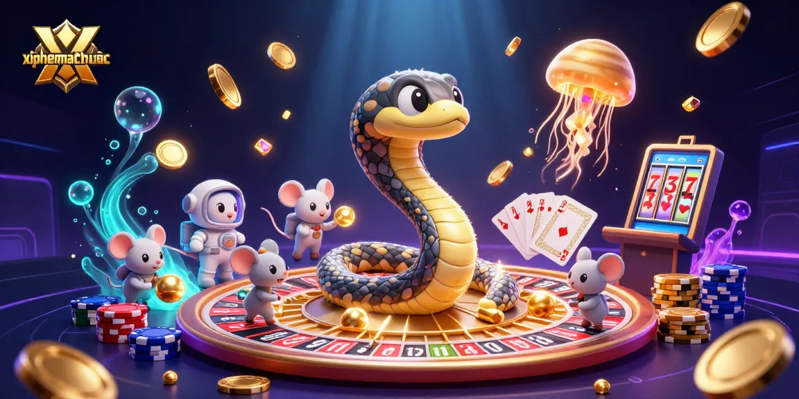 Players strategize with xiphematchuoc as a cosmic dealer and vibrant casino elements in a dynamic game.