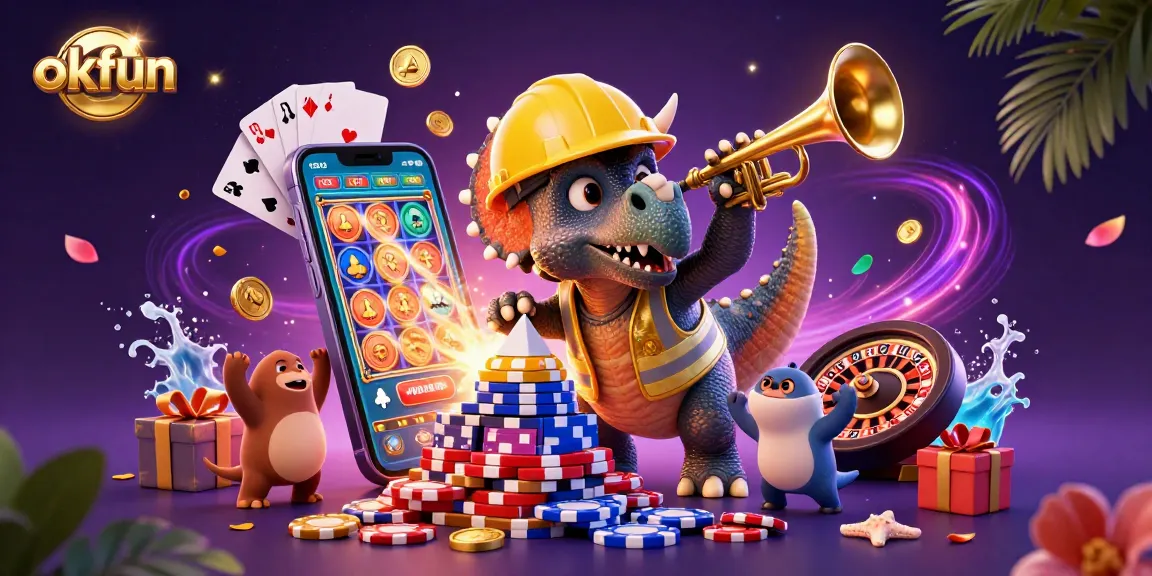 Engage in thrilling gaming at okfun with a 3D triceratops building poker chip pyramids amid a vibrant casino scene.