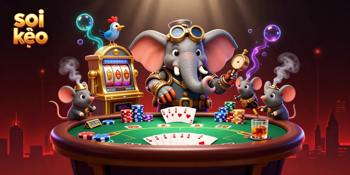 Engage in soi kèo with this vibrant steampunk scene showcasing a slot machine and poker elements.