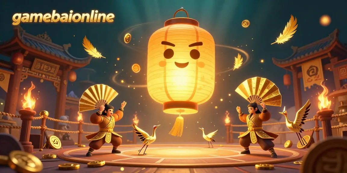 Engage with gamebaiionline's lively casino realm showcasing a glowing lantern spirit and golden warriors.
