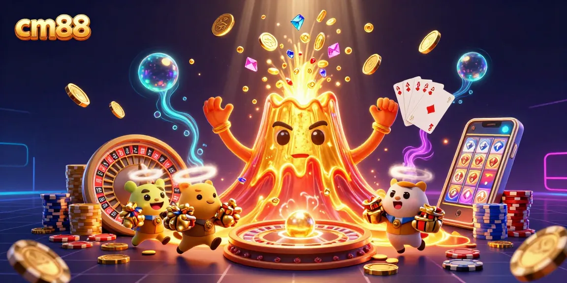 Experience the thrill at cm88 as a golden volcano erupts with treasures, amidst casino excitement.