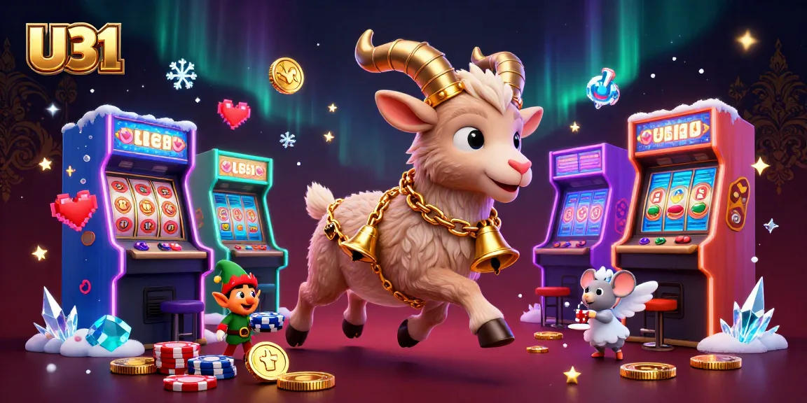 Join U31's festive yet spooky casino with a Krampus goat, angel mouse, and elf gremlins amidst arcade flair.