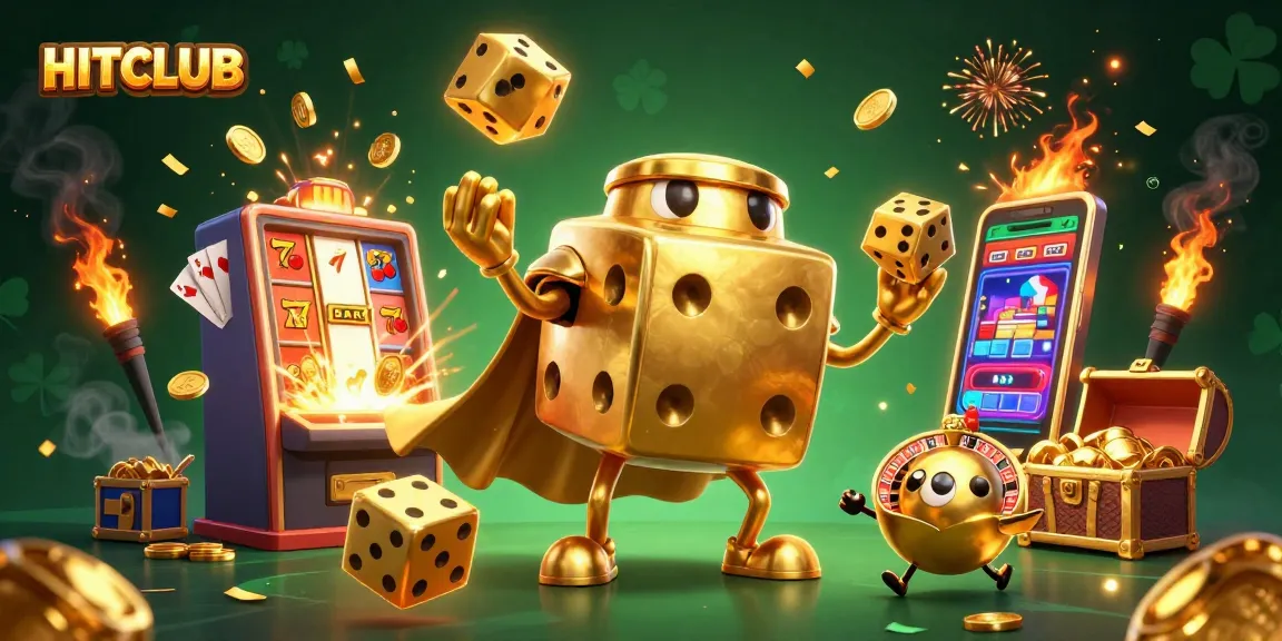 Experience exciting gameplay at HITCLUB with golden dice characters amidst dynamic casino elements.